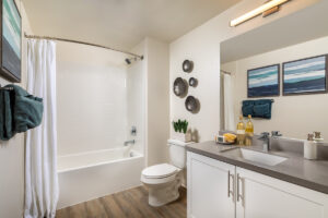 Apartments in Marrieta, CA for Rent - Delhaven Pointe - Bathroom with a Garden-Style Tub, a Spacious Vanity, and Hardwood-Style Flooring